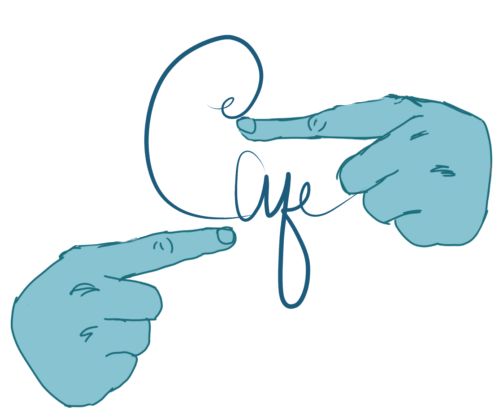 Illustration with hands signing the ASL sign for SIGN with the handwritten word 'cafe'